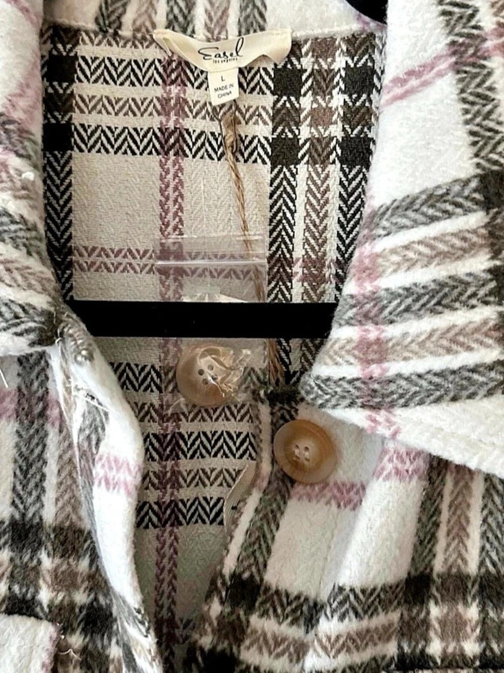 EASEL BUTTON DOWN COAT PEACOAT SHACKET NEUTRAL PLAID NWT